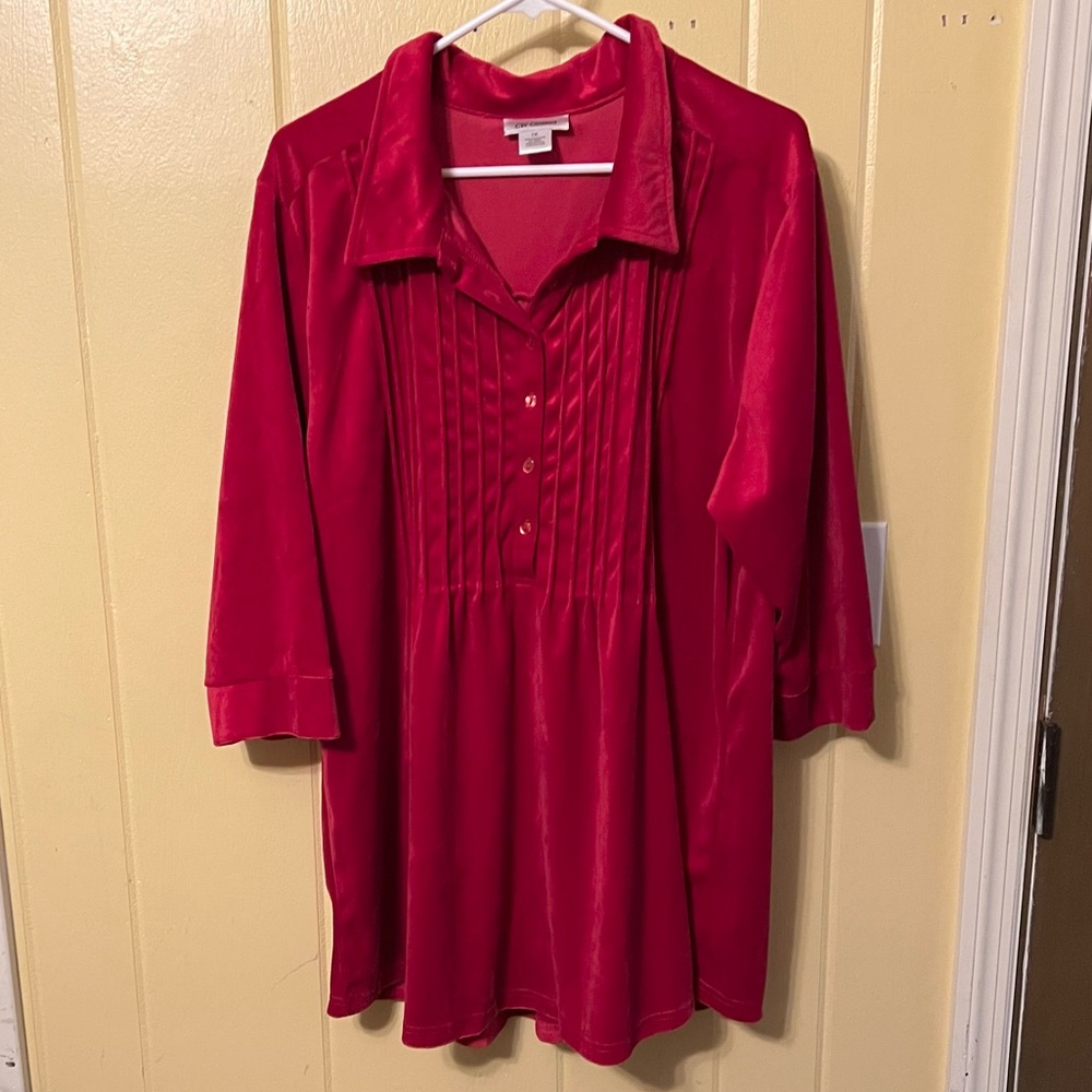 Vintage Red Velour Tunic Textured Long Sleeve Casual Lounge Shirt 90’s Size 1X